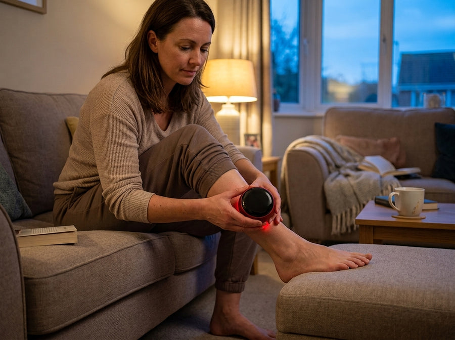 Customer using the cupper as part of an at-home foot and lower-leg recovery routine