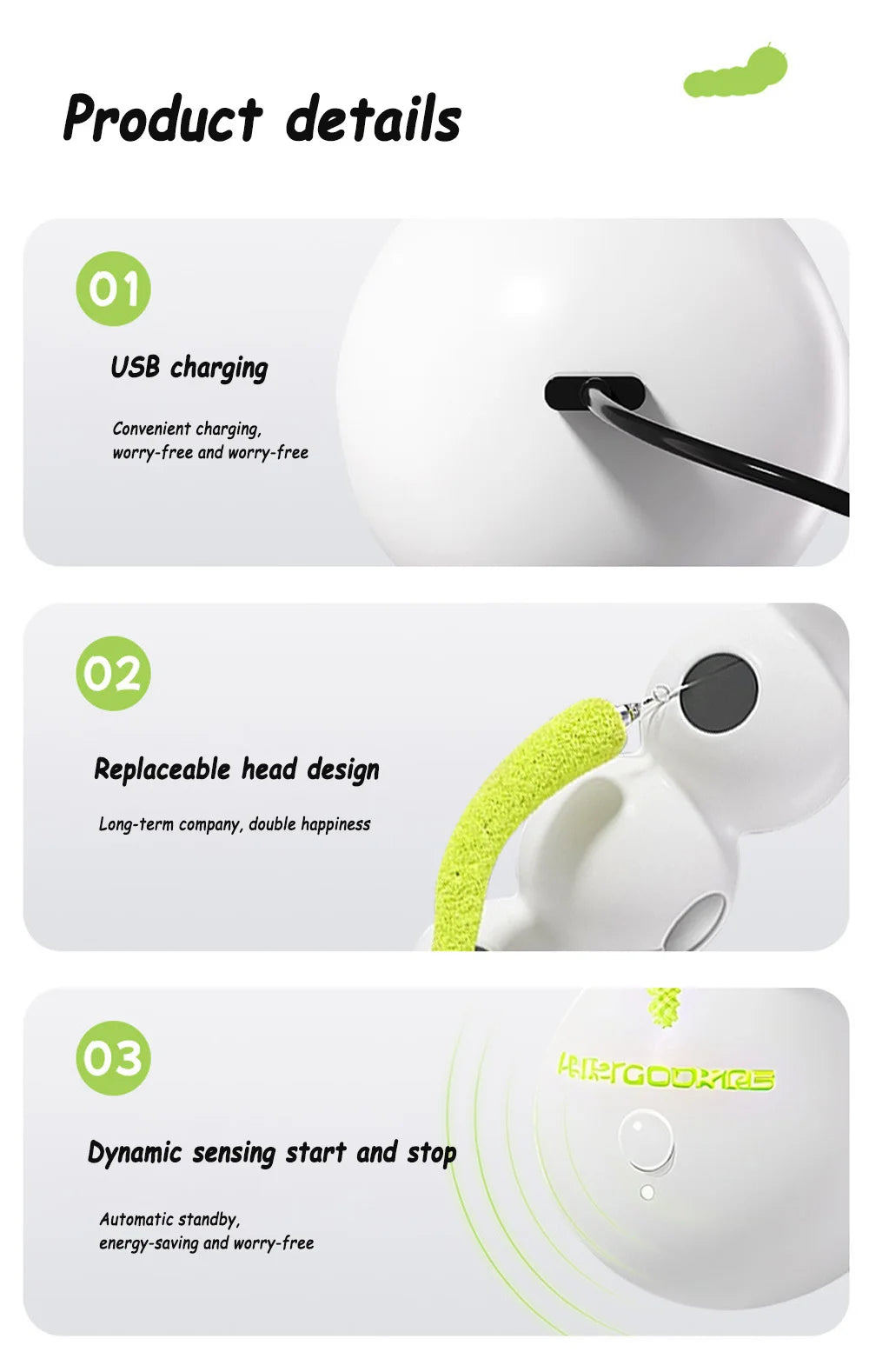 Caterpillar Interactive Cat Toy Motion Activated Wack A Worm Post Toy Rechargeable Automatic Teasing Cat Toy with Tail for Cats